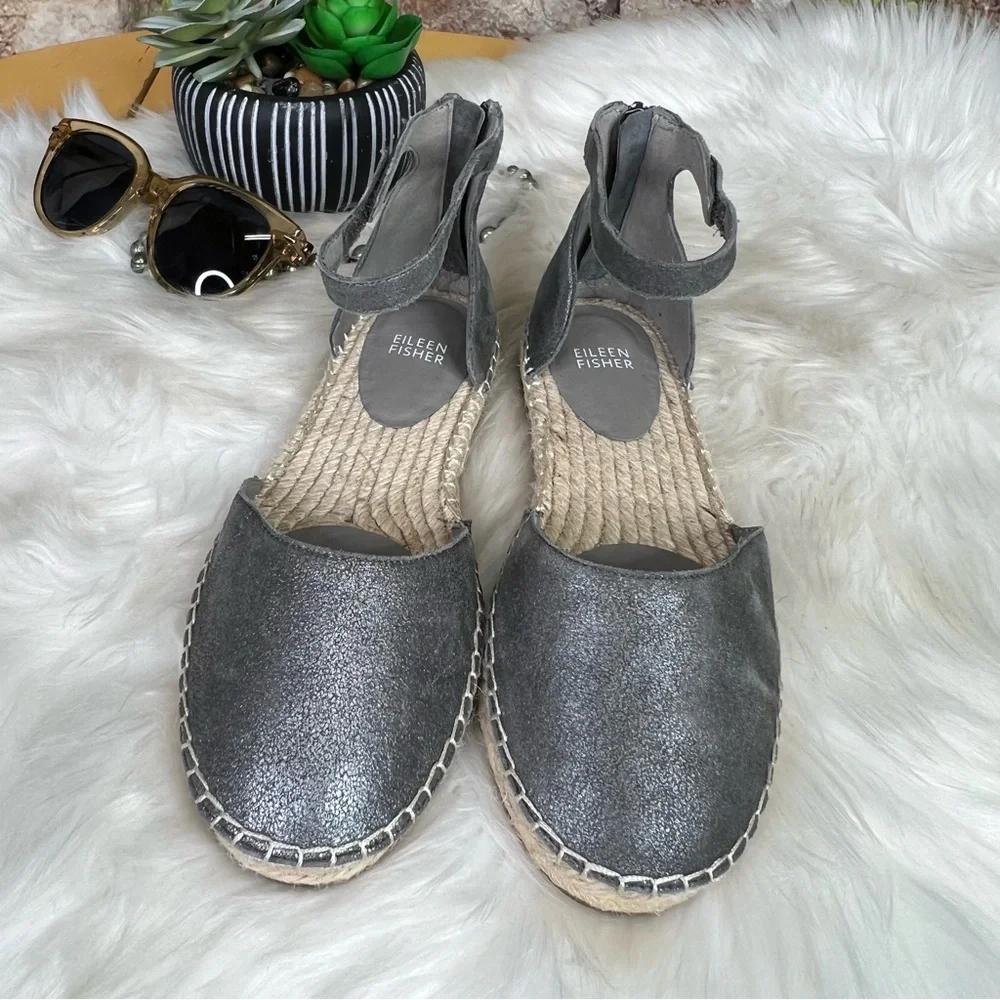 EILEEN FISHER Coastal Luxury Nubuck Gray Ankle-Strap Espadrilles, 7.5
